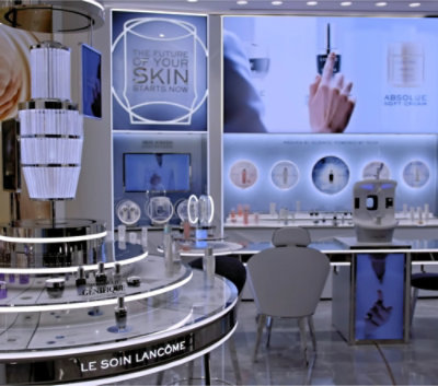 Een modern interieur van een schoonheidssalon met uitgestalde huidverzorgingsproducten. Het decor bevat verlichte borden 