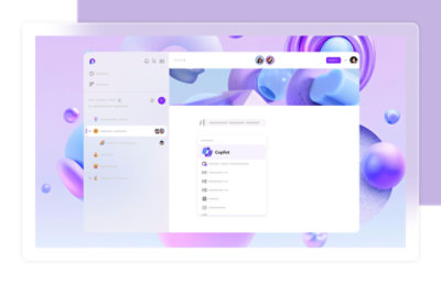 Graphic design of a user interface with abstract purple and blue shapes in the background.