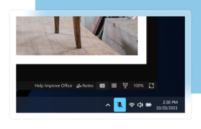 Een computerscherm met het pictogram van een gedempte microfoon, een klok die 14.30 uur aanwijst en de datum 20-10-2021.