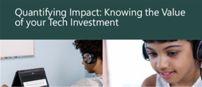 人们戴着耳机的拼贴画（带文字），上面写着“量化影响：了解你的技术投资的价值”。