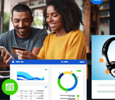 Two individuals looking at a smartphone with a graphical user interface and a headset icon in the foreground.