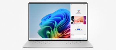 Um notebook com um redemoinho azul na tela.