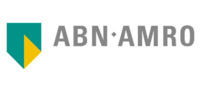 Close-up of ABN AMRO logo featuring a blue and yellow triangle on a white background.