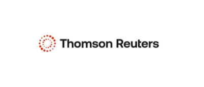 A close-up of a Thomson Reuters logo with black text and a red circle with dots on a white background.