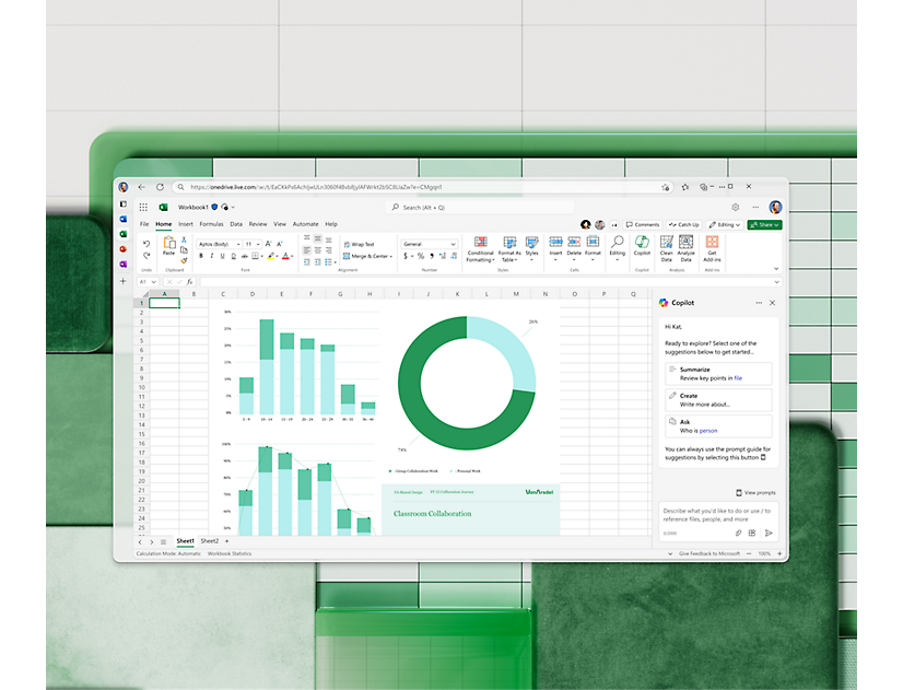 A laptop displaying colorful charts and graphs in Excel on the web
