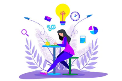 Ilustracija žene koja sedi za stolom i radi na laptop računaru. Oko nje se nalaze razne ikone poput sata,