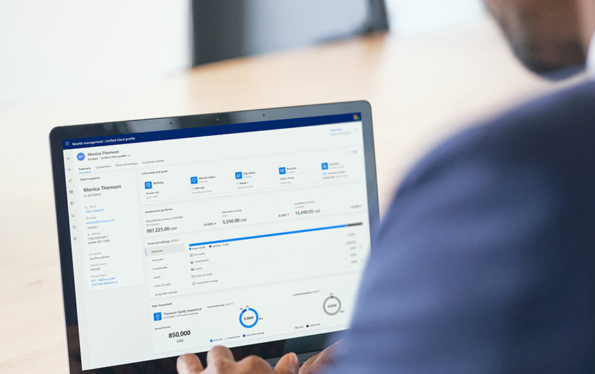 aptop UI screen in context. Investment advisor reviews real-time data in an intelligent app powered by Azure to assist with customer investment decisions.