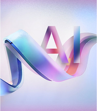 Abstrakte 3D-Illustration mit einem farbenfrohen, fließenden Band und integrierten AI-Buchstaben auf einem pastellfarbenen Hintergrund – modernes, futuristisches Design für künstliche Intelligenz und Tech-Branding