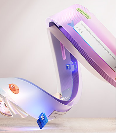 Abstrakte, geschwungene 3D‑Bänder in Pastellfarben mit Symbolen für Microsoft‑Apps