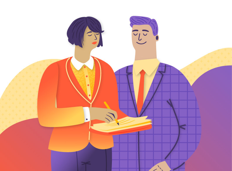 Illustration of two business people, one writing in a notebook