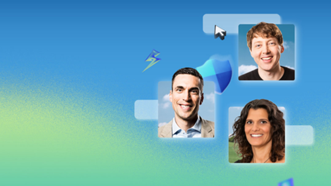 青から緑のグラデーションの背景の右側に 3 つのプロフィール カードが表示されたデジタル インターフェイス。オンラインでの共同作業またはユーザー選択を示唆しています。