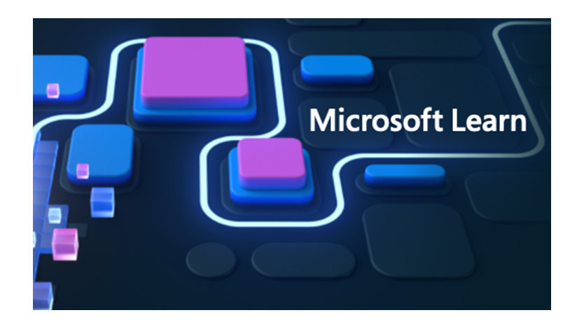 Microsoft Learn | ピンクと青のブロックが光る白い線でつながれた抽象的なデジタル アート。「Microsoft Learn」テキスト オーバーレイ。