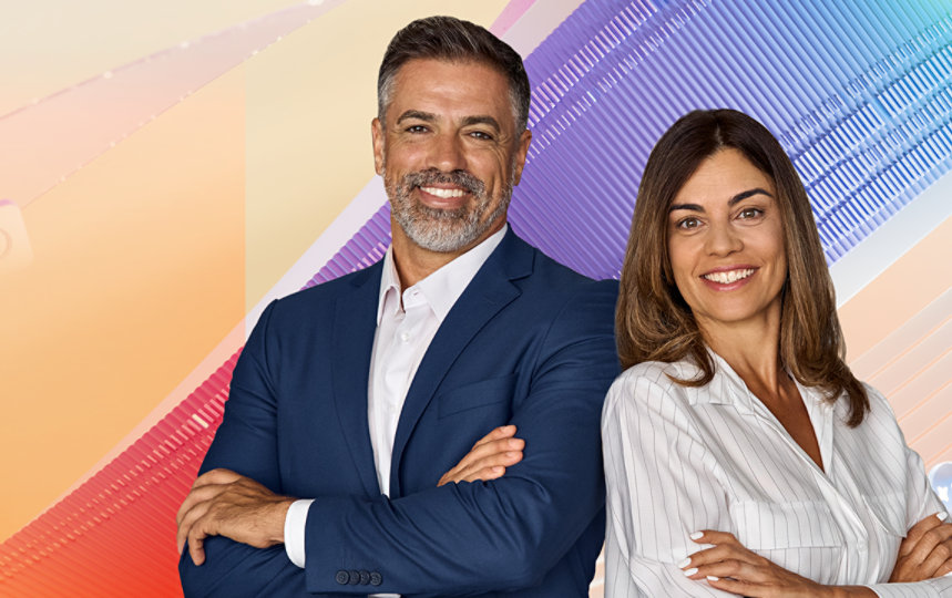 Two entrepreneurs with illustration background