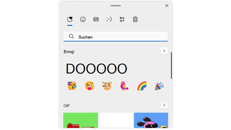 Screenshot einer Emoji-Auswahl mit Suchleiste und verschiedenen Emojis.