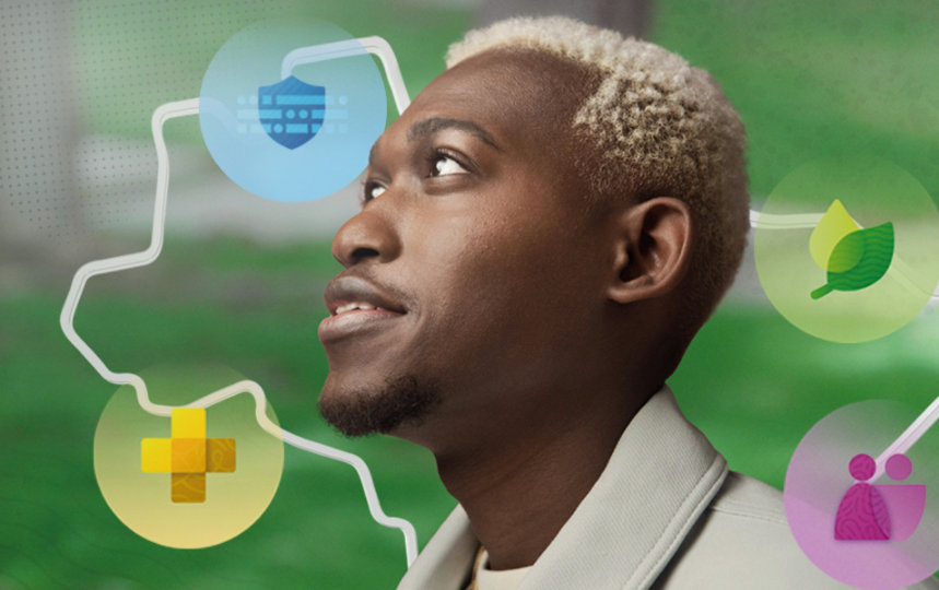 Pessoa ao ar livre com ícones de nuvem, sustentabilidade, saúde e comunidade.