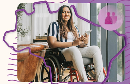 Pessoa em cadeira de rodas com tablet e ícone de comunidade.