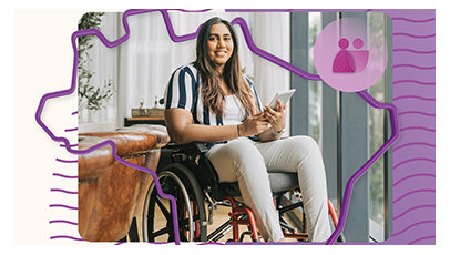 Pessoa em cadeira de rodas com tablet e ícone de comunidade.