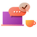 Laptop, different talk bubbles, and cup in orange, magenta, and brown color