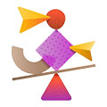 Large spot illustration of stacked geometric shapes in balance in yellow, orange, magenta, and brown color