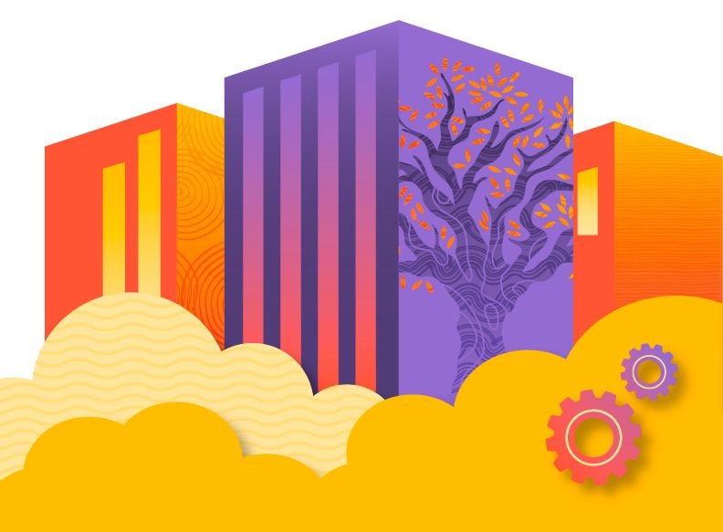 Illustration of the data center with Indigenous art.