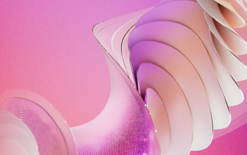 abstrakte 3D‑Formen in Weiß und Rosa vor pink‑violettem Farbverlauf