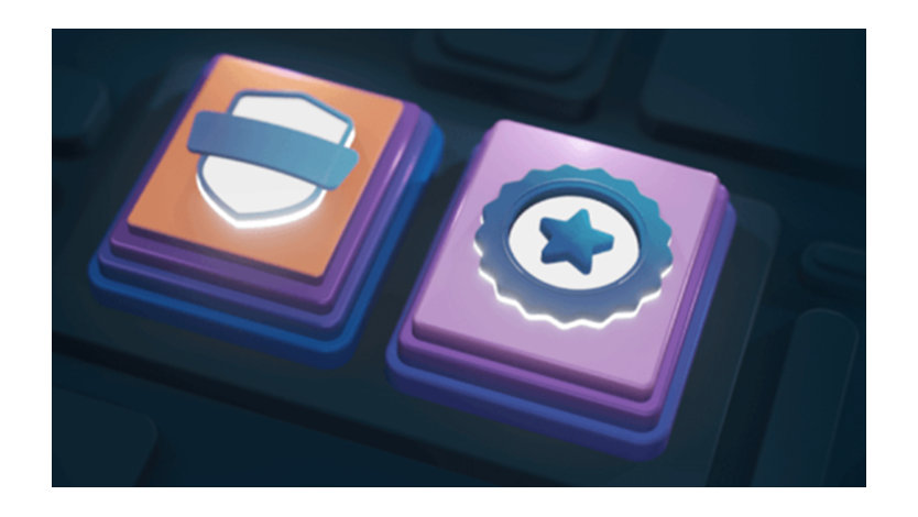 様式化された、重ね合わせた 2 つのイラスト。1 つには盾が描かれ、もう 1 つには星のバッジが描かれています。