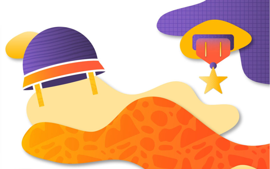 Illustration of a military helmet and medal