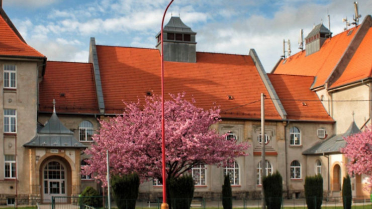 A large building with a red tile roof and multiple sections stands behind blooming trees. A red light post is visible in the foreground.