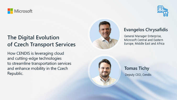The image is a promotional graphic featuring two individuals, Evangelos Chrysafidis and Tomas Tichy, alongside their titles and affiliations. The title of the graphic reads         "The Digital Evolution of Czech Transport Services." Below this, it states, " How CENDIS is leveraging cloud and cutting-edge technologies to streamline transportation services and enhance mobility in the Czech Republic.”