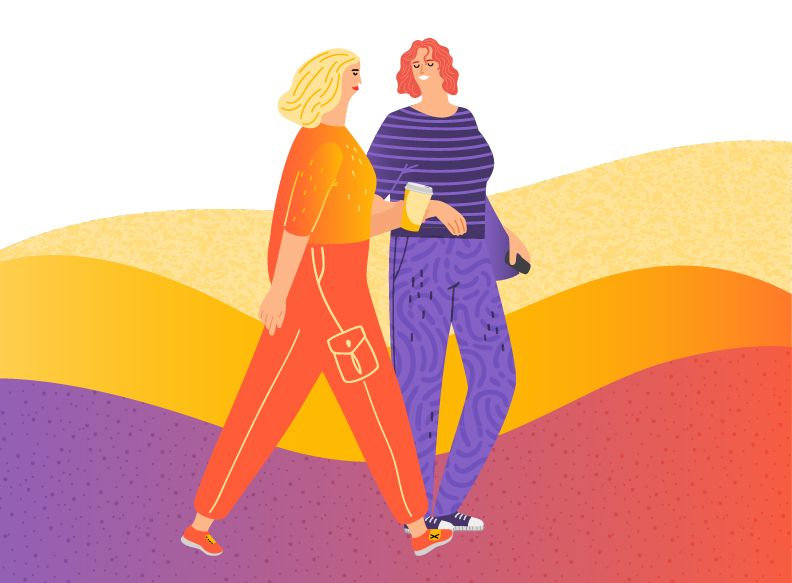 Illustration showing two women walking together
