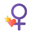 The female gender symbol (Venus symbol) in purple with a red heart and a gold star beside it.