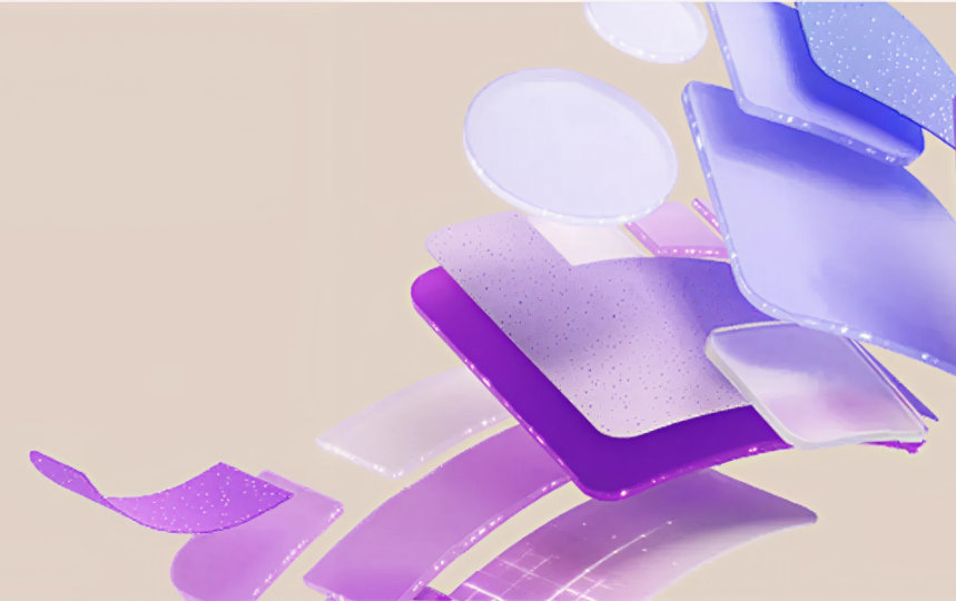 Abstrakte Illustration mit bunten, überlappenden, durchscheinenden Formen in Lila, Orange und Grün auf beigem Hintergrund.