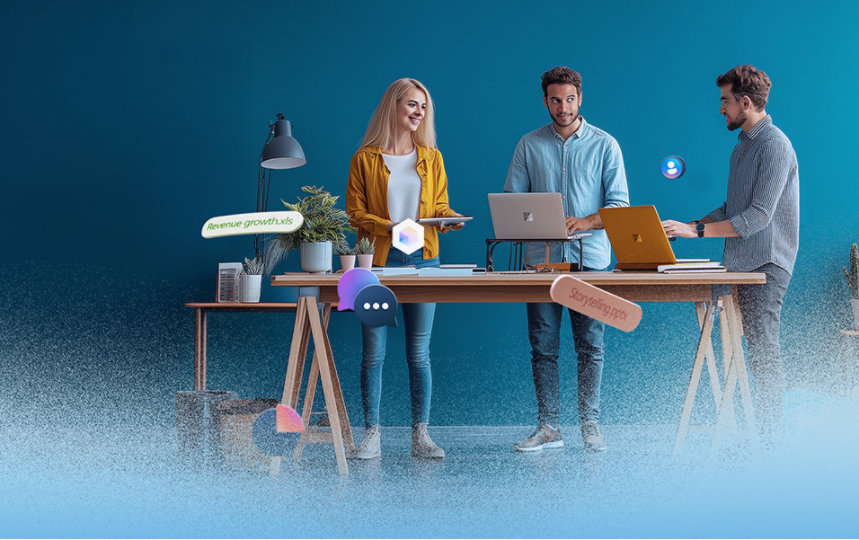 Drei Personen arbeiten gemeinsam an einem Schreibtisch mit Laptops. Verschiedene digitale Symbole schweben um sie herum.