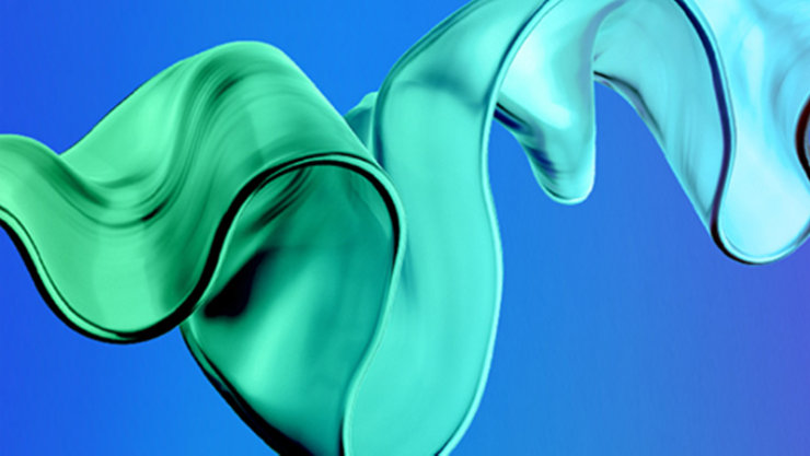 Eine abstrakte, glänzende und gewellte Form in Grün- und Blautönen vor einem blauen und violetten Farbverlauf.