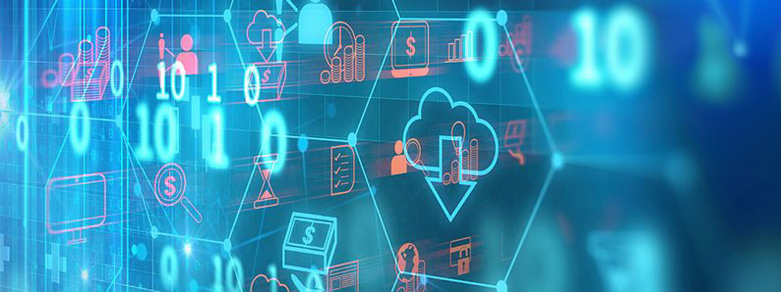 Digitales Netz aus Nullen und Einsen sowie Symbolen für die Cloud