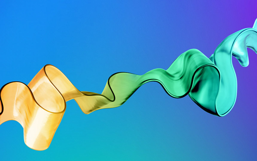 Ein gewelltes Band welches einen farblichen Übergang von rot, gelb, grün zu blau aufweist auf blau/lila Hintergrund