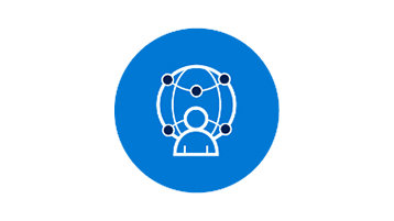 Icon, das Digitale Produkte und Services repräsentiert: eine Person die im Zentrum vernetzter Angebote steht