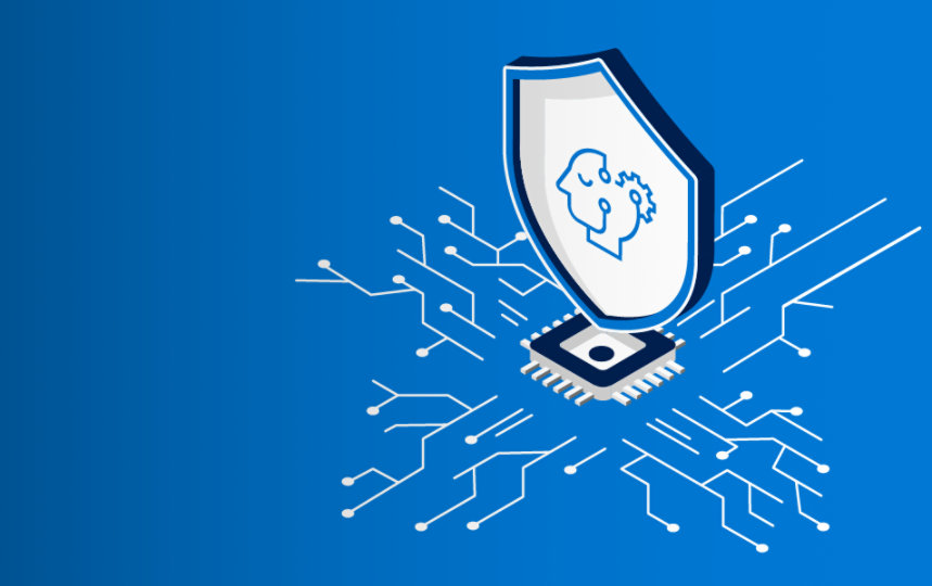 Illustration, die Symbole für Sicherheit, künstliche Intelligenz und Digitalisierung repräsentiert