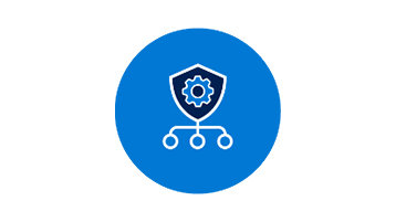 Icon, das Automatisiertes Schadenmanagement repräsentiert: ein Schild mit Zahnrad, in das Daten strömen