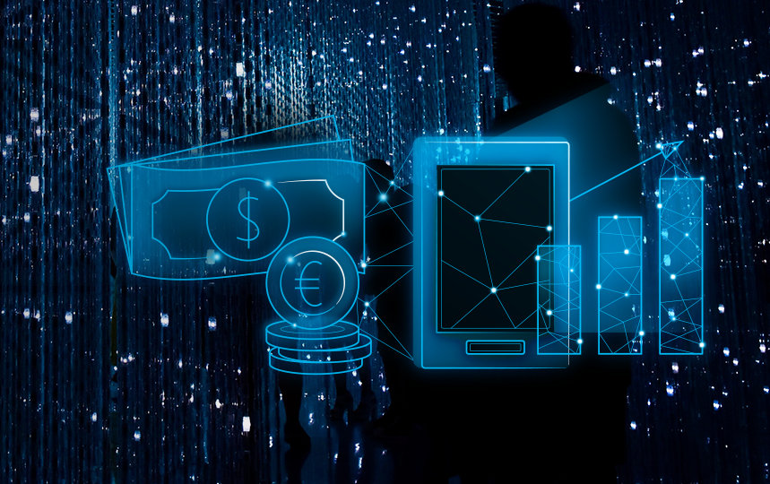 Bild, das verschiedene Symbole für die Digitalisierung von Banken zeigt.