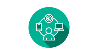 Icon, das Moderne Customer Experience repräsentiert: einen Nutzer mit Laptop und Smartphone, der eine Transaktion durchführt