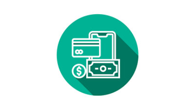 Icon, das Core Banking & Payment repräsentiert: Zahlungsmittel und ein Smartphone