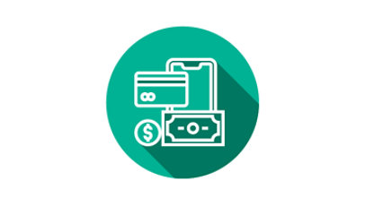 Icon, das Core Banking & Payment repräsentiert: Zahlungsmittel und ein Smartphone