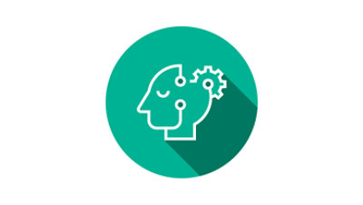 Icon, das Künstliche Intelligenz repräsentiert: ein Kopf, der mit einem Zahnrad verschmilzt