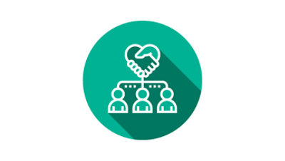 Icon, das Wertschöpfung durch Zusammenarbeit repräsentiert: Menschen, die digital verbunden sind und ineinandergreifende Hände