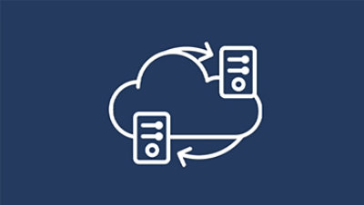 Ein weißes Wolkensymbol mit Pfeilen, die einen Kreis bilden, vor einem blauen Hintergrund.