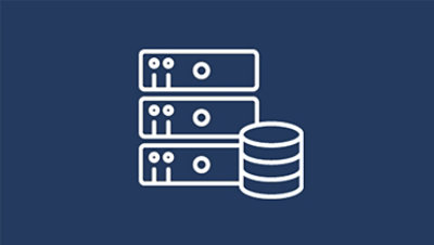 Ein weißes Server- und Datenbank-Symbol vor blauem Hintergrund.