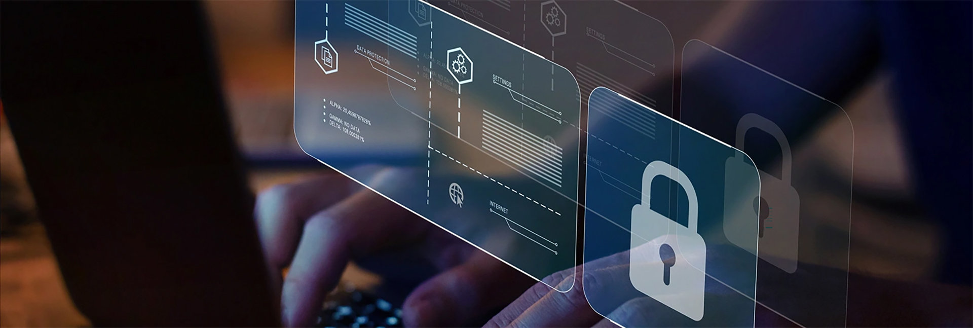 Auf dem Bild sind 2 Hände abgebildet die auf einer Laptoptastatur arbeiten. Davor sieht man eine virtuelle Grafik.