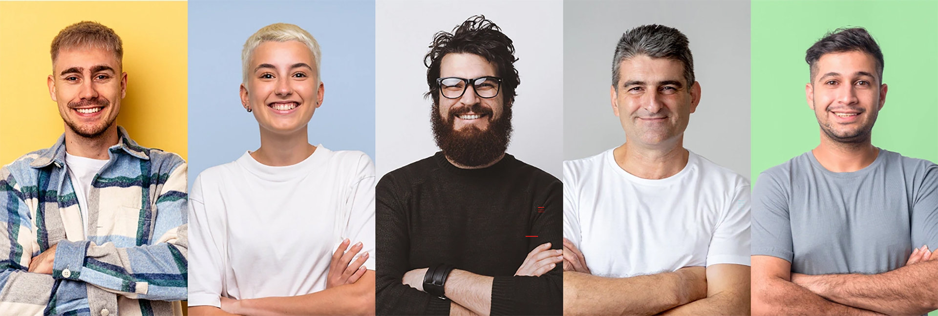 Vor einem bunten Hintergrund sind die 5 Server-Experten Felix, Lisa, Viktor, Richard und Jan sind nebeneinander aufgereiht