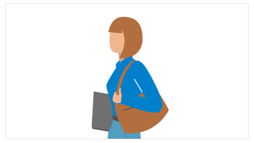 ノート PC を片手に抱えて歩く人物のイラスト